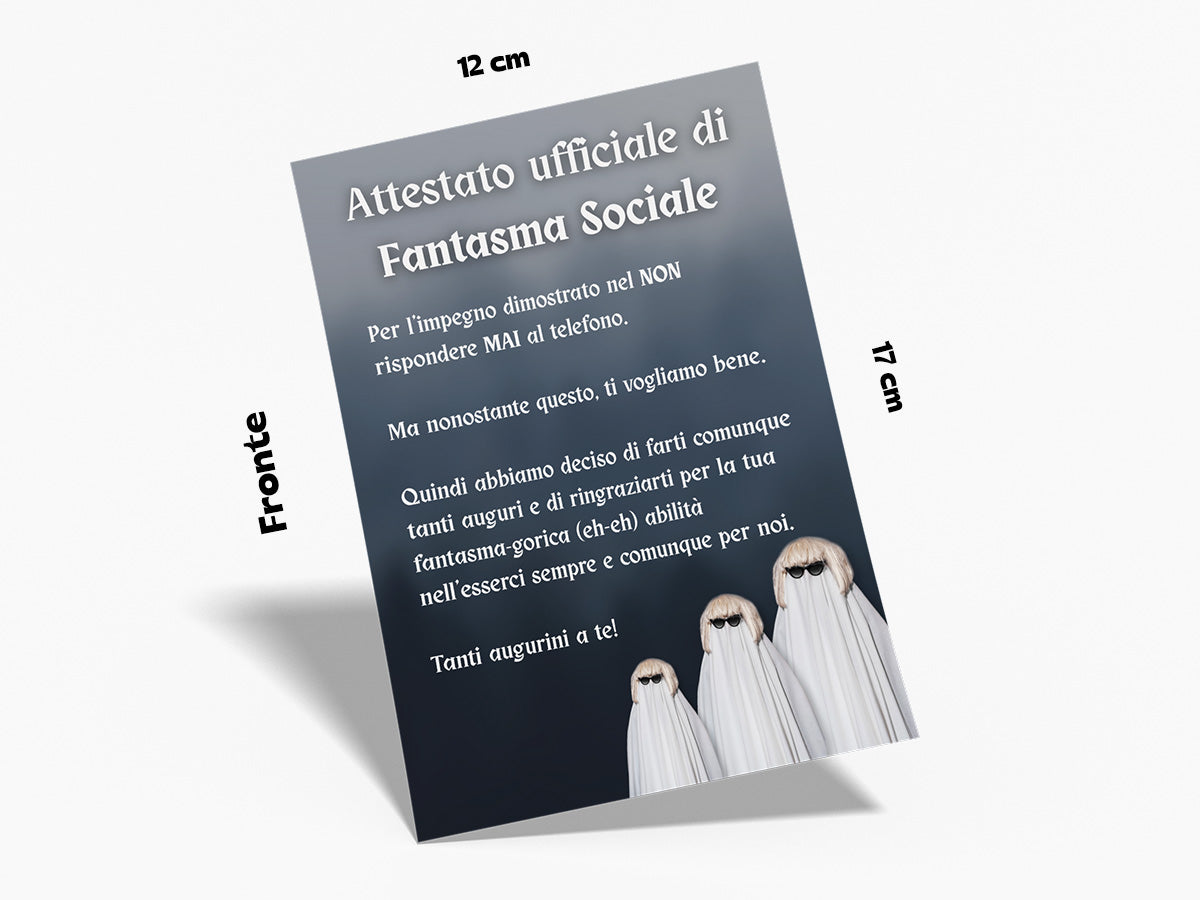 Mockup con busta da lettera bianca del biglietto di auguri stile attestato di fantasma sociale per chi non risponde mai al telefono dimensioni 12x17 cm