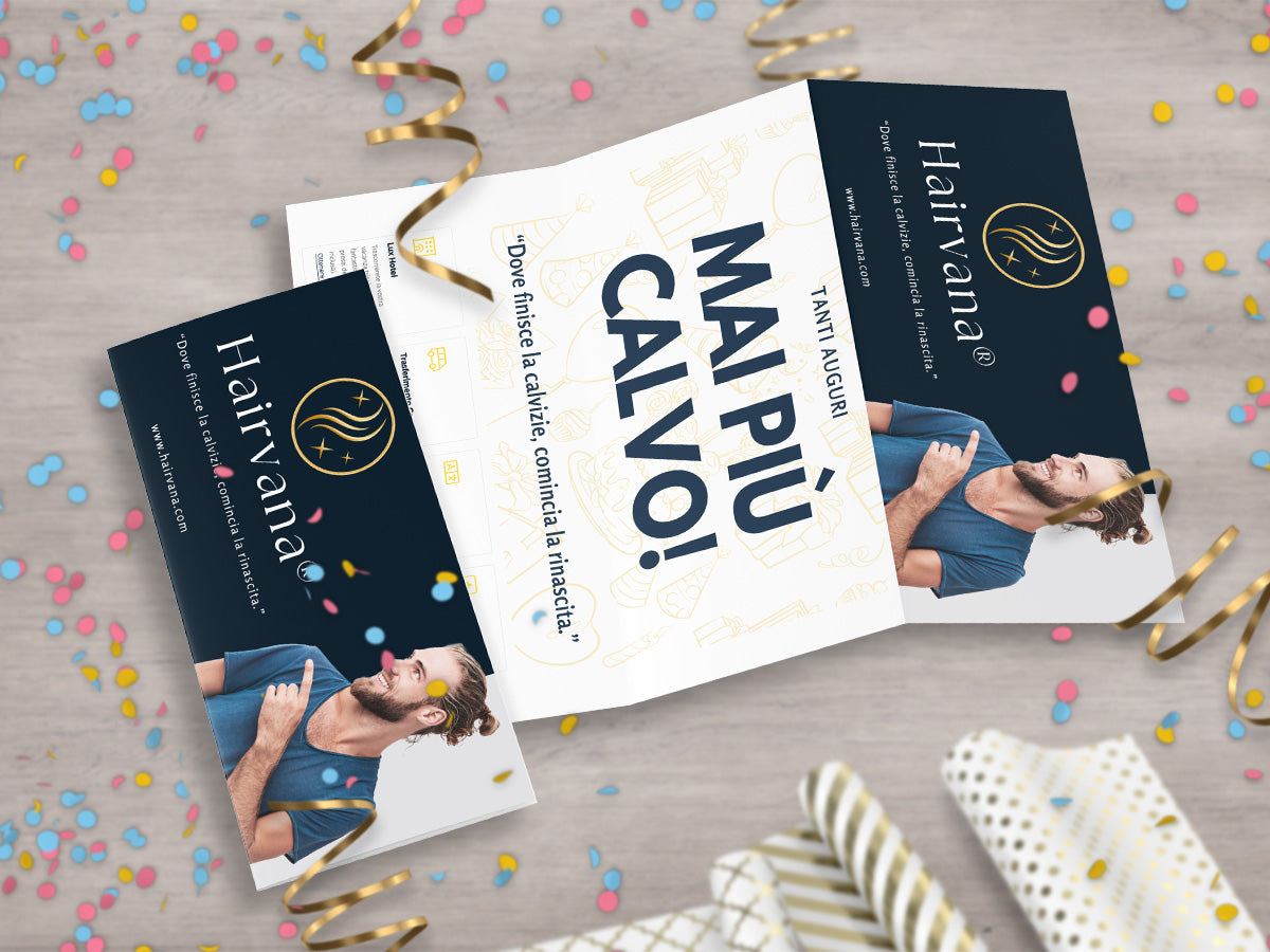 Mockup del finto voucher ironico di Augurino per trapianto di capelli, con scritta ‘Mai più calvo’.