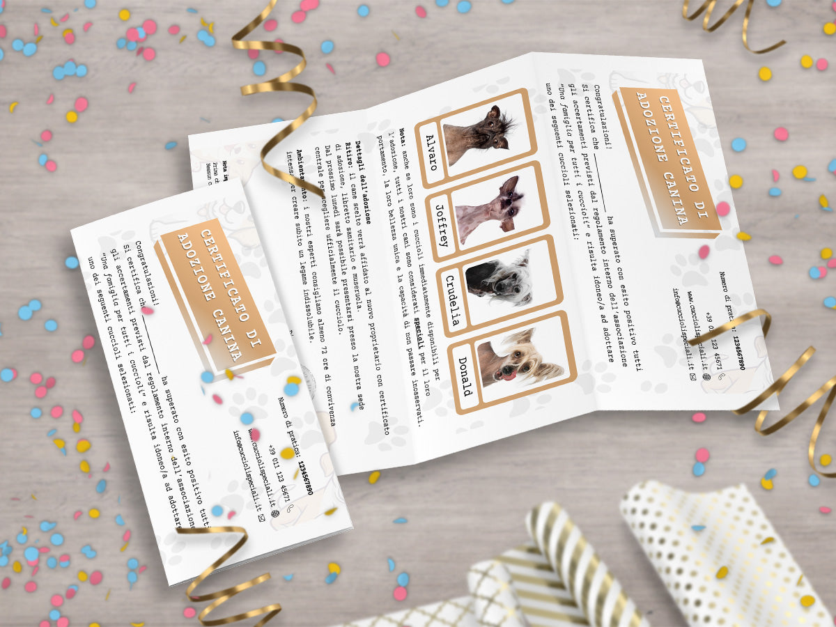 Mockup ironico di augurino del finto voucher per adozione di cani diversamente belli con nomi stravaganti e divertenti