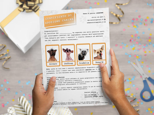 Mockup ironico di augurino del finto voucher per adozione di cani diversamente belli con nomi stravaganti e divertenti tenuto tra le mani