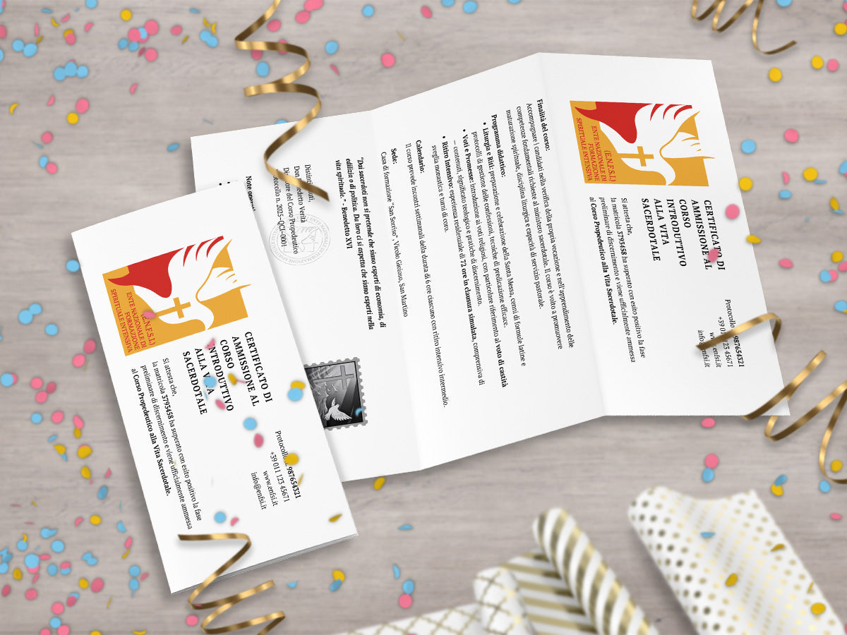 Mockup ironico di augurino del finto voucher per ammissione al percorso spirituale per diventare sacerdoti