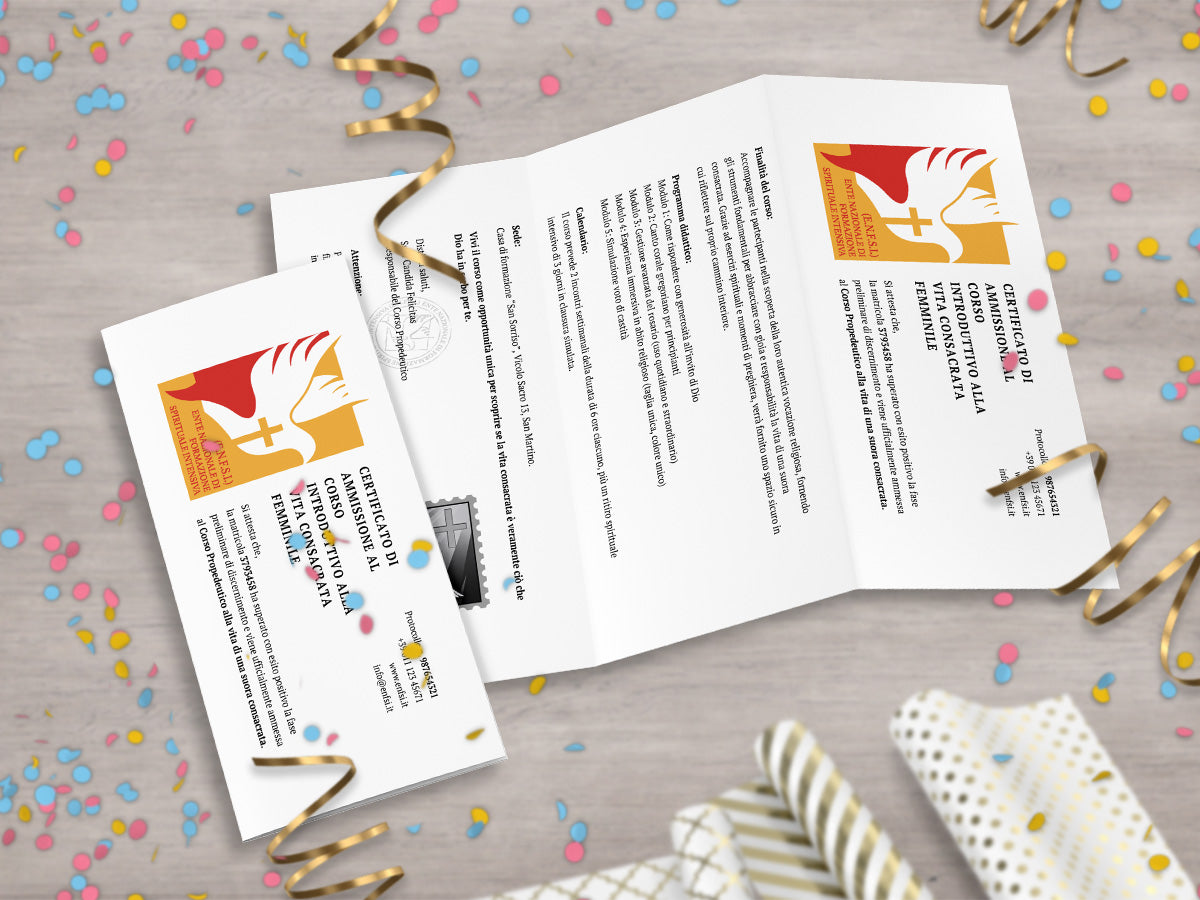 Mockup ironico di augurino del finto voucher per ammissione al percorso spirituale per diventare suora