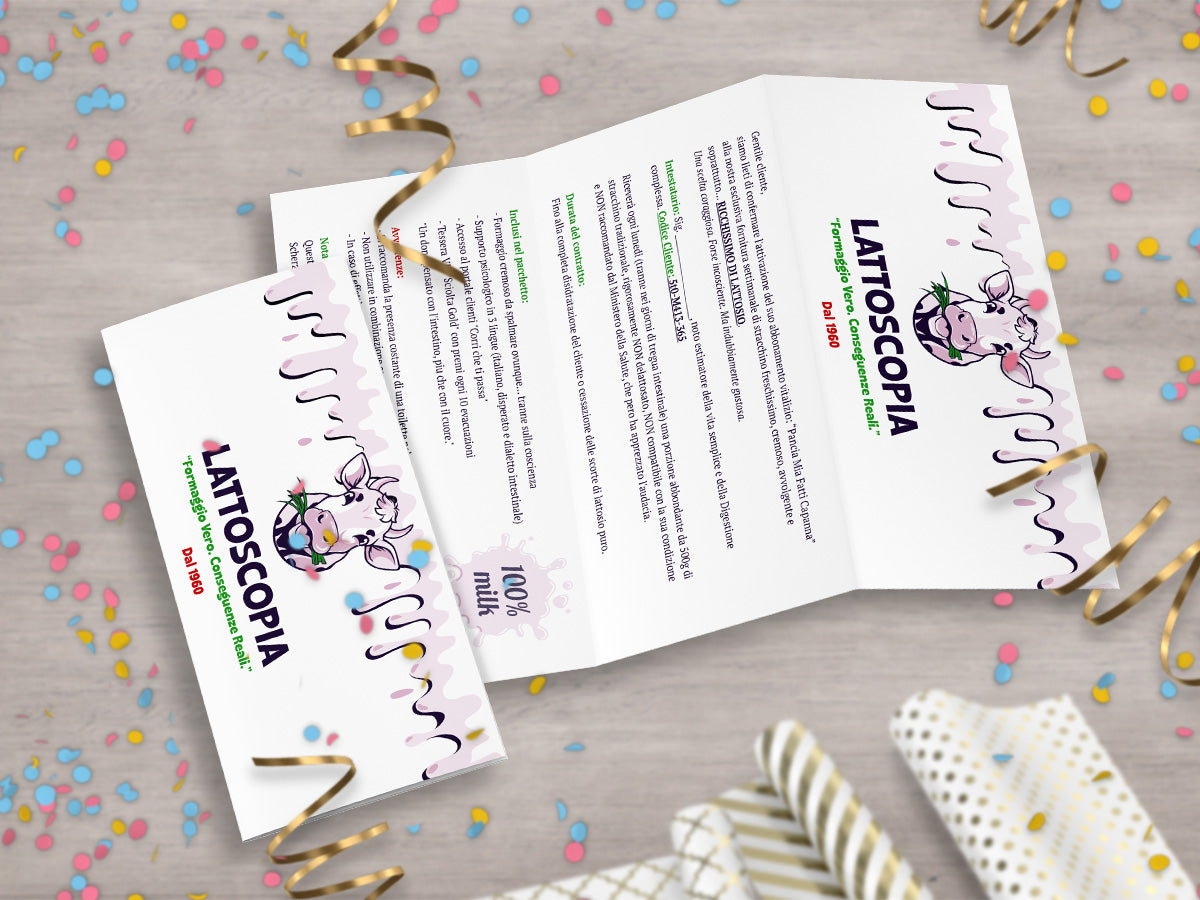 Mockup ironico di augurino del finto voucher per fornitura a vita di stracchino con lattosio per persone intolleranti al lattosio