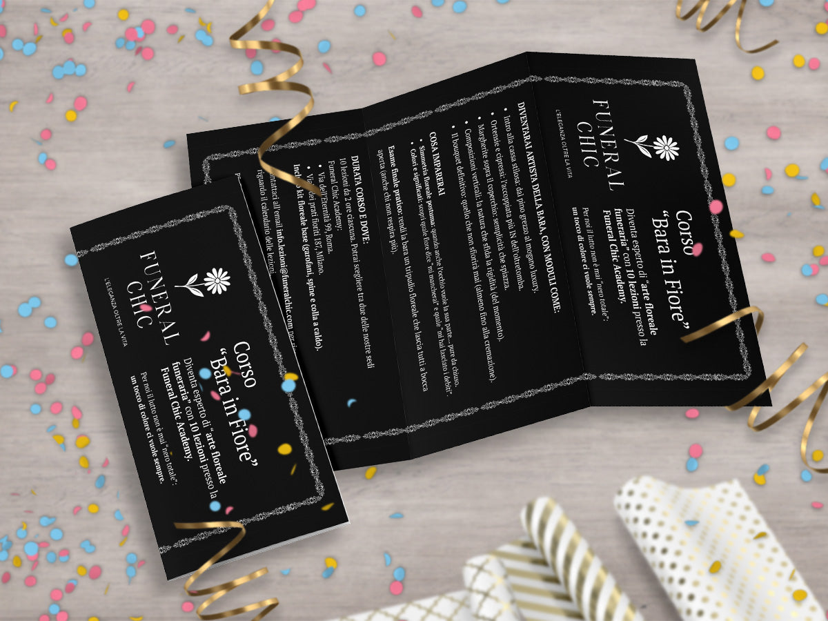 Mockup ironico di augurino del finto voucher per il corso per diventare esperti di arte floreale funeraria