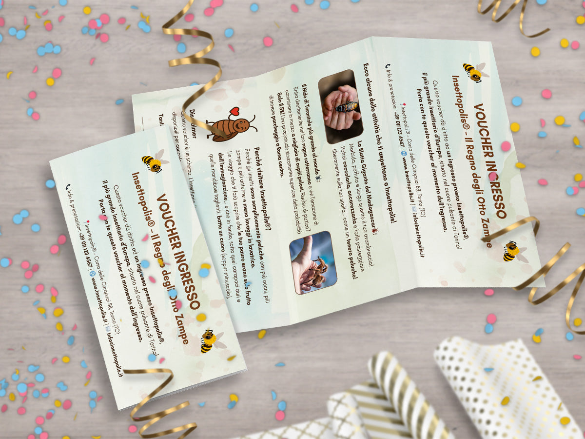 Mockup ironico di augurino del finto voucher per una visita all'insettiario più grande d'europa per persone che hanno la fobia degli insetti