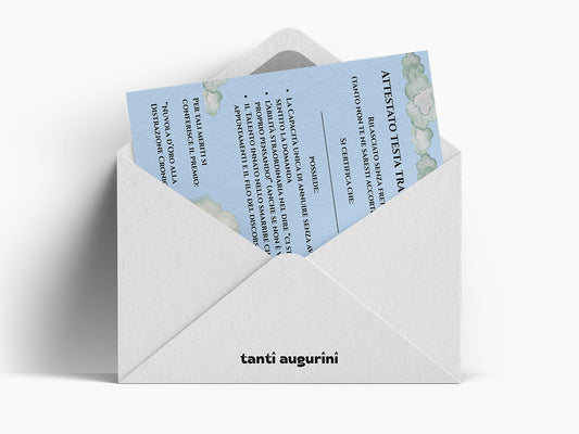 Biglietto di auguri ironico in stile attestato testa tra le nuvole con grafica originale augurino