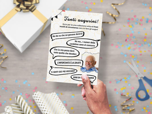 Biglietto di auguri ironico con collezione di frasi di circostanza e meme Harold hide the pain per compleanno originale augurino