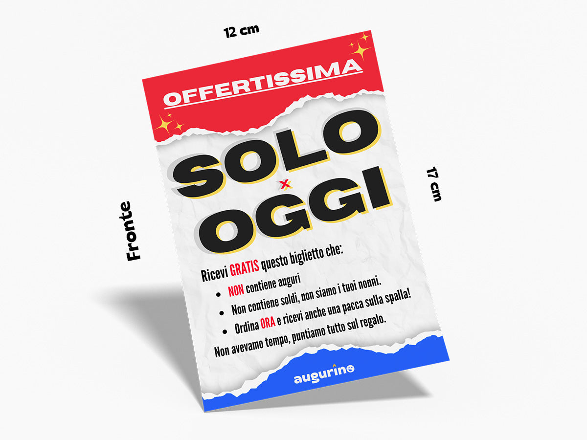 Mockup fronte biglietto di auguri con grafica originale Augurino in stile televendita con scritta "offertissima" e dimensioni 12x17 cm