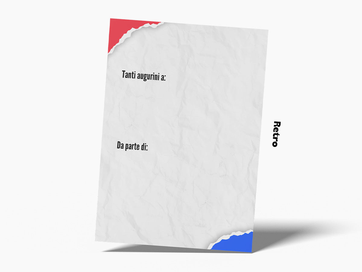 Mockup retro biglietto di auguri con grafica originale Augurino in stile televendita con scritta "offertissima" e dimensioni 12x17 cm