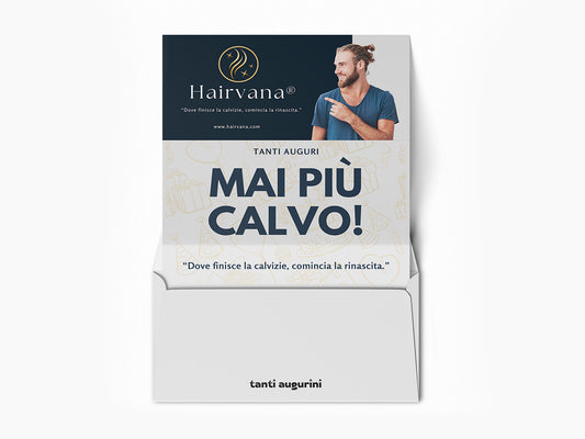 Mockup del finto voucher ironico di Augurino tinserito nella lettera, per trapianto di capelli, con scritta ‘Mai più calvo’.