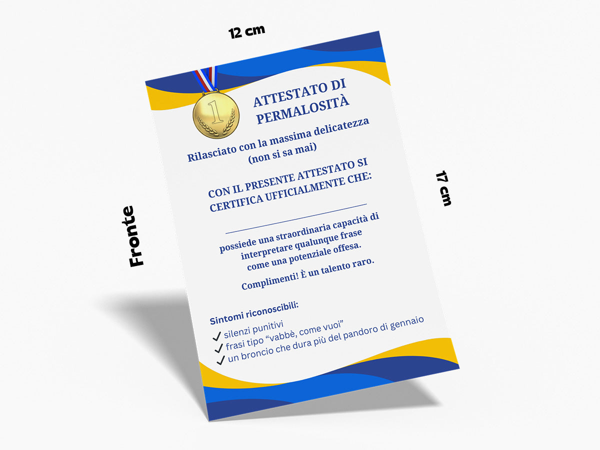 Mockup di augurino per biglietto ironico d'auguri simil attestato di permalosità per persone permalose visto frontalmente