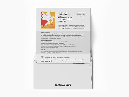 Mockup ironico di augurino del finto voucher per ammissione al percorso spirituale per diventare suora con busta per lettere che lo contiene