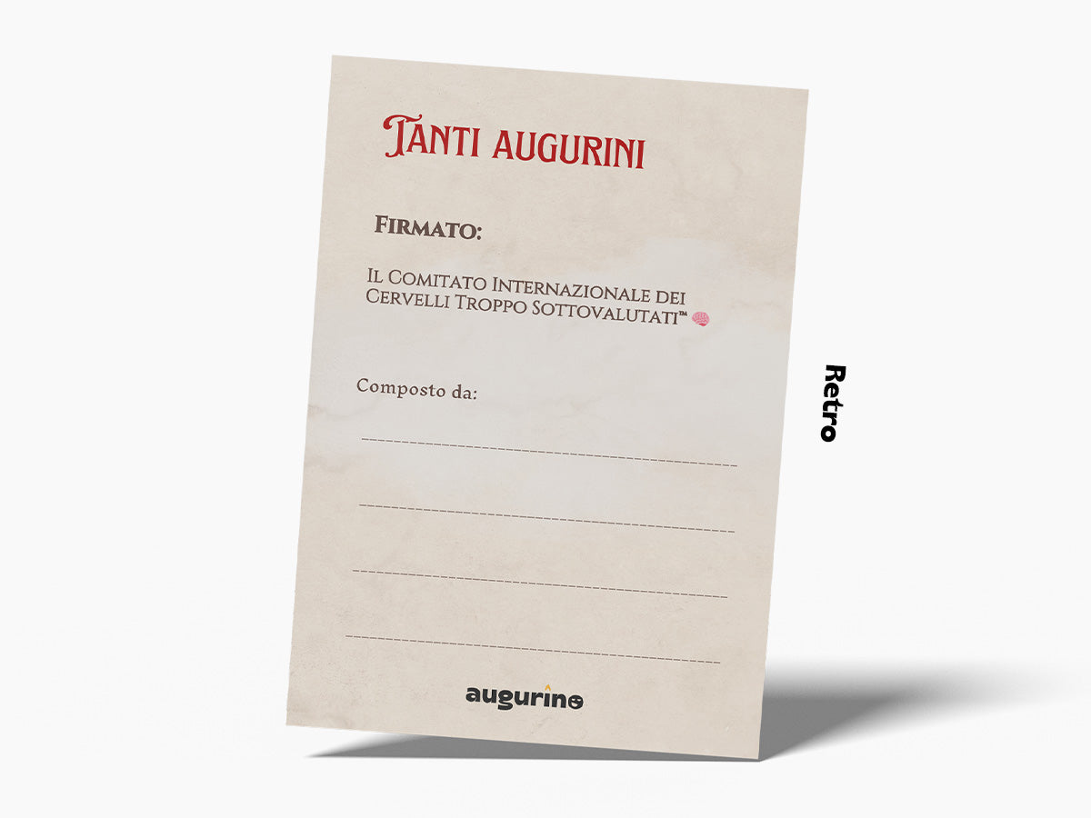 Biglietto di auguri con scritta ironica certificato di genio incompreso per amici troppo brillanti, dimensioni retro 12x17cm