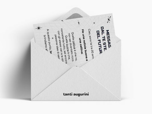 Biglietto di auguri stile messaggio da te del futuro con scritta e grafica ironica originale augurino con busta da lettera bianca